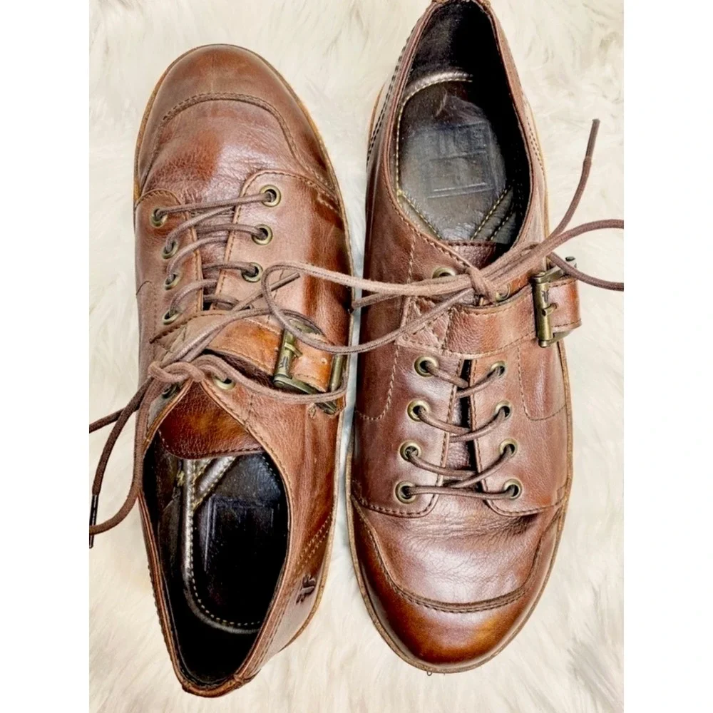 Frye‎ Cognac Brown Leather Buckle Lace Up Oxford Sneakers Men's 9 Heritage Luxe